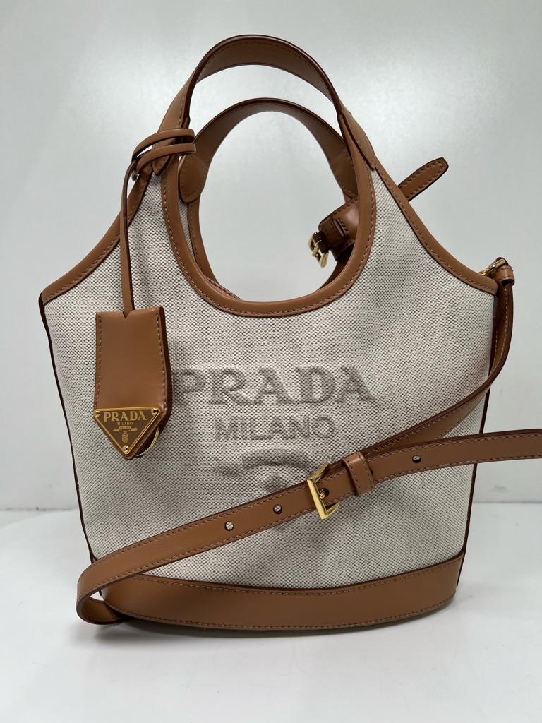 Prada Medium Canvas Leather Logo Tote Bag Natural Tan Crossbody Shoulder Italy